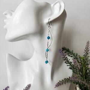 Blue Seashell Beads Long Wire Earrings / Stainless Steel Curved Wire Earrings